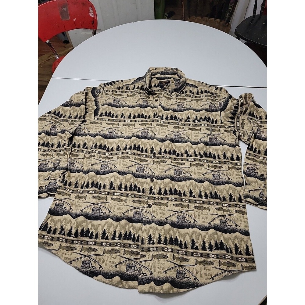 Woolrich Mens XXL Cotton Button Down Shirt Long Sleeve Fish Pattern Brown